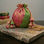 Green & Pink Banarasi Potli Bag | Festive Silk Drawstring Clutch