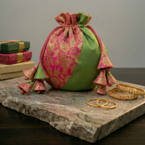 Green & Pink Banarasi Potli Bag | Festive Silk Drawstring Clutch