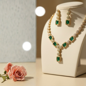 Emerald Green AD Necklace Set | Gold-Tone American Diamond Jewellery