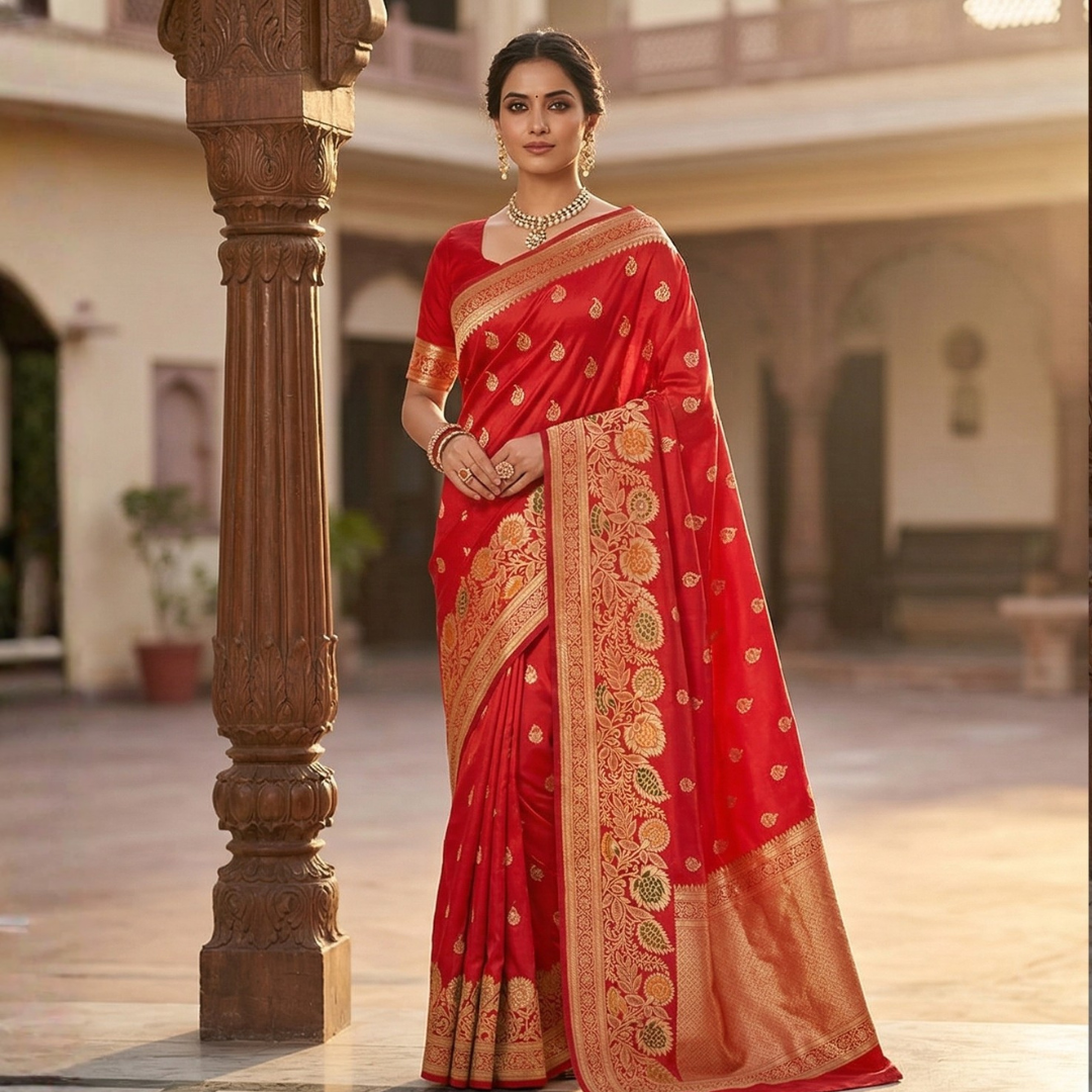 Meenakari Banarasi Saree | Red Banarasi Silk Saree - Image 2