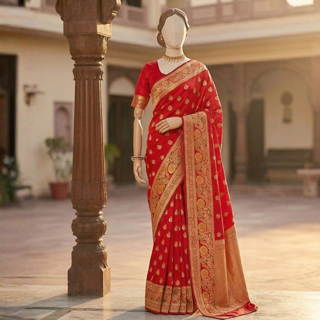 Meenakari Banarasi Saree | Red Banarasi Silk Saree - Image 6