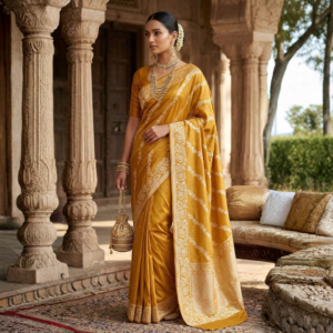Mashru Banarasi Saree | Mustard Yellow Banarasi Saree