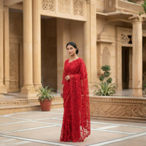 Red Georgette Pure Net Saree(With blouse)