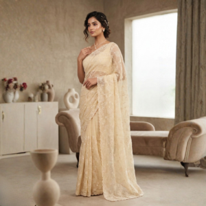 Soft Net Designer Saree with Hand-Stitched Beads in Light Cream