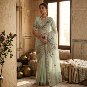 Sea Green Pure Organza Saree | Designer Hand Embroidered Saree