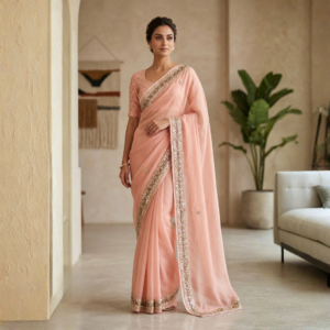 Baby Pink Pure Organza Saree | Designer Hand Embroidered Saree
