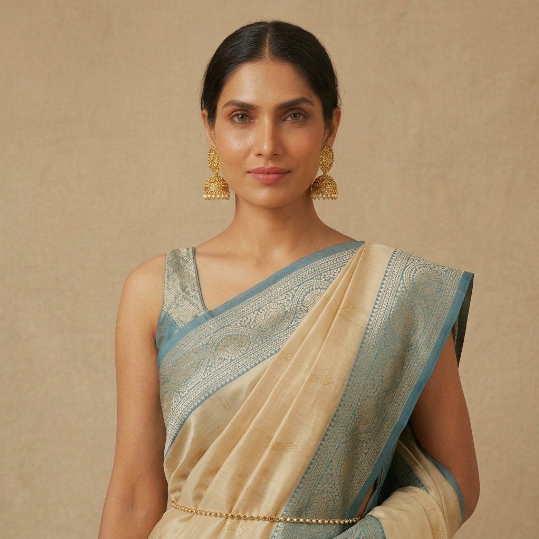 Banarasi Silk Saree – Cream & Blue - Image 2