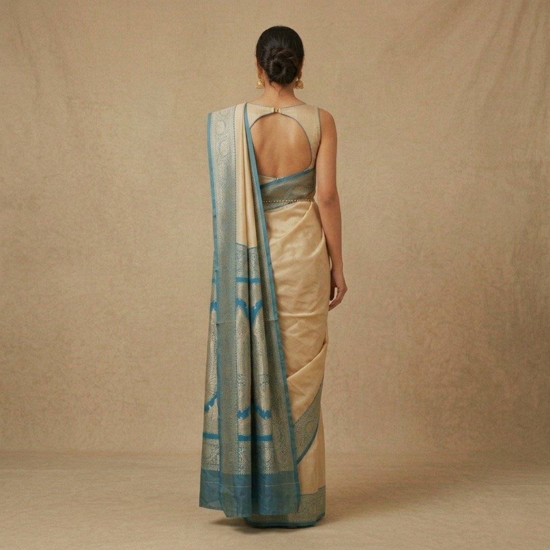 Banarasi Silk Saree – Cream & Blue - Image 3
