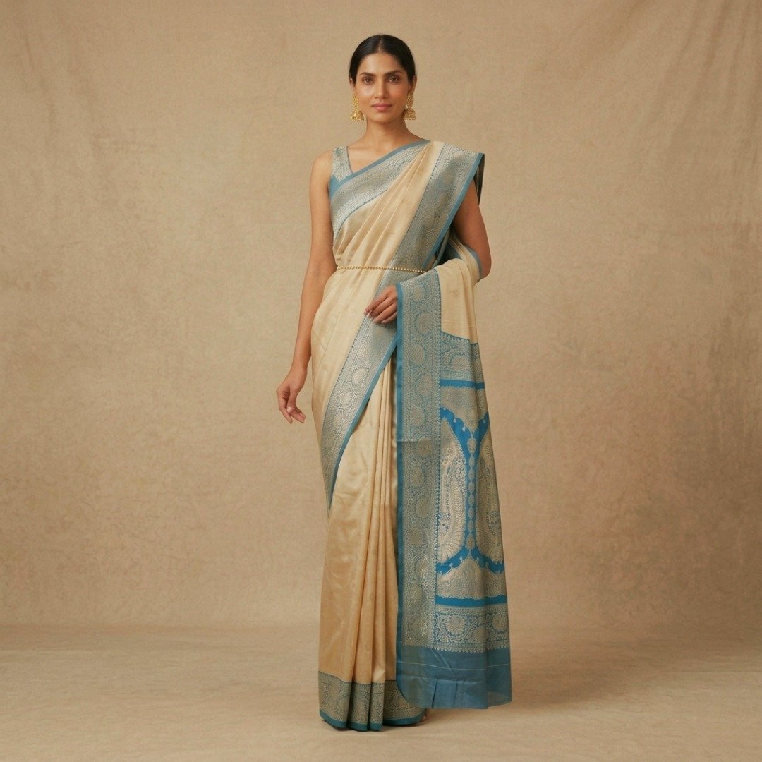 Banarasi Silk Saree – Cream & Blue