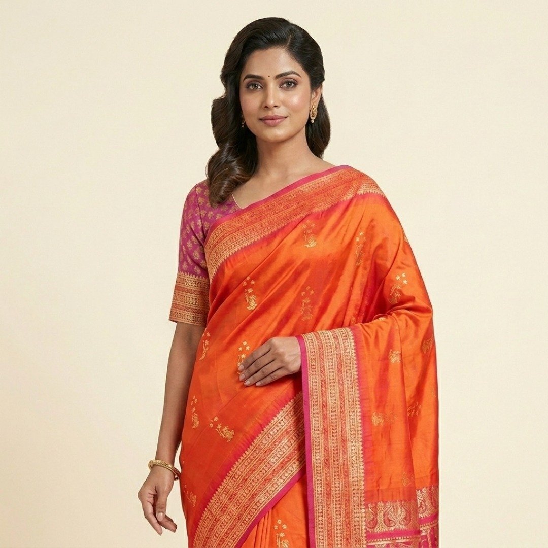 Bomkai Silk Saree – Orange - Image 2