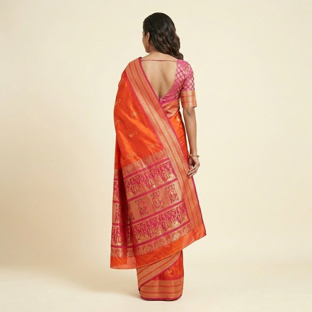 Bomkai Silk Saree – Orange - Image 3