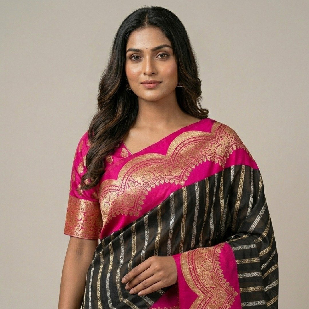 Katan Banarasi Saree – Dual Tone Caramel Brown with Rani Border - Image 6