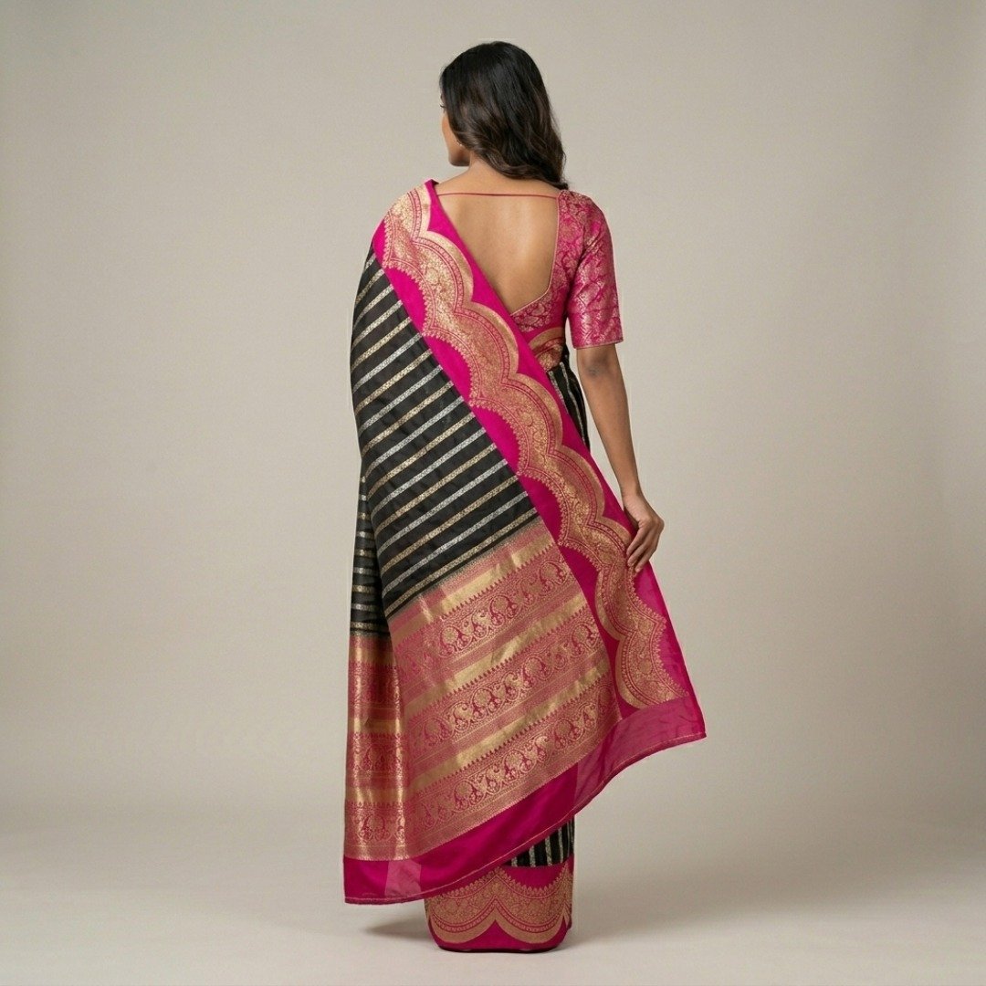 Katan Banarasi Saree – Dual Tone Caramel Brown with Rani Border - Image 7
