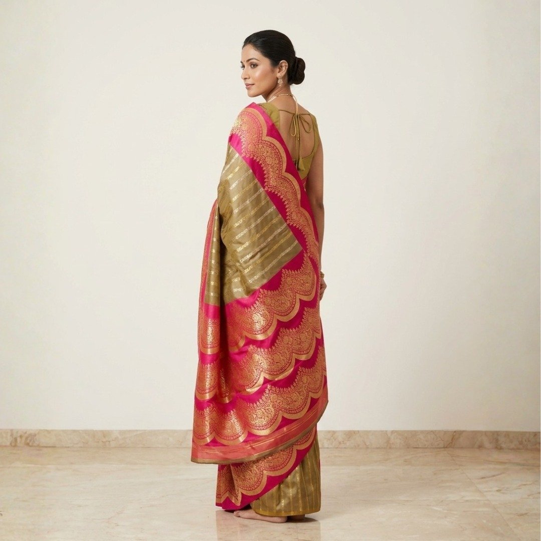 Katan Banarasi Saree – Dual Tone Caramel Brown with Rani Border - Image 3