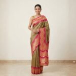 Katan Banarasi Saree – Dual Tone Caramel Brown with Rani Border