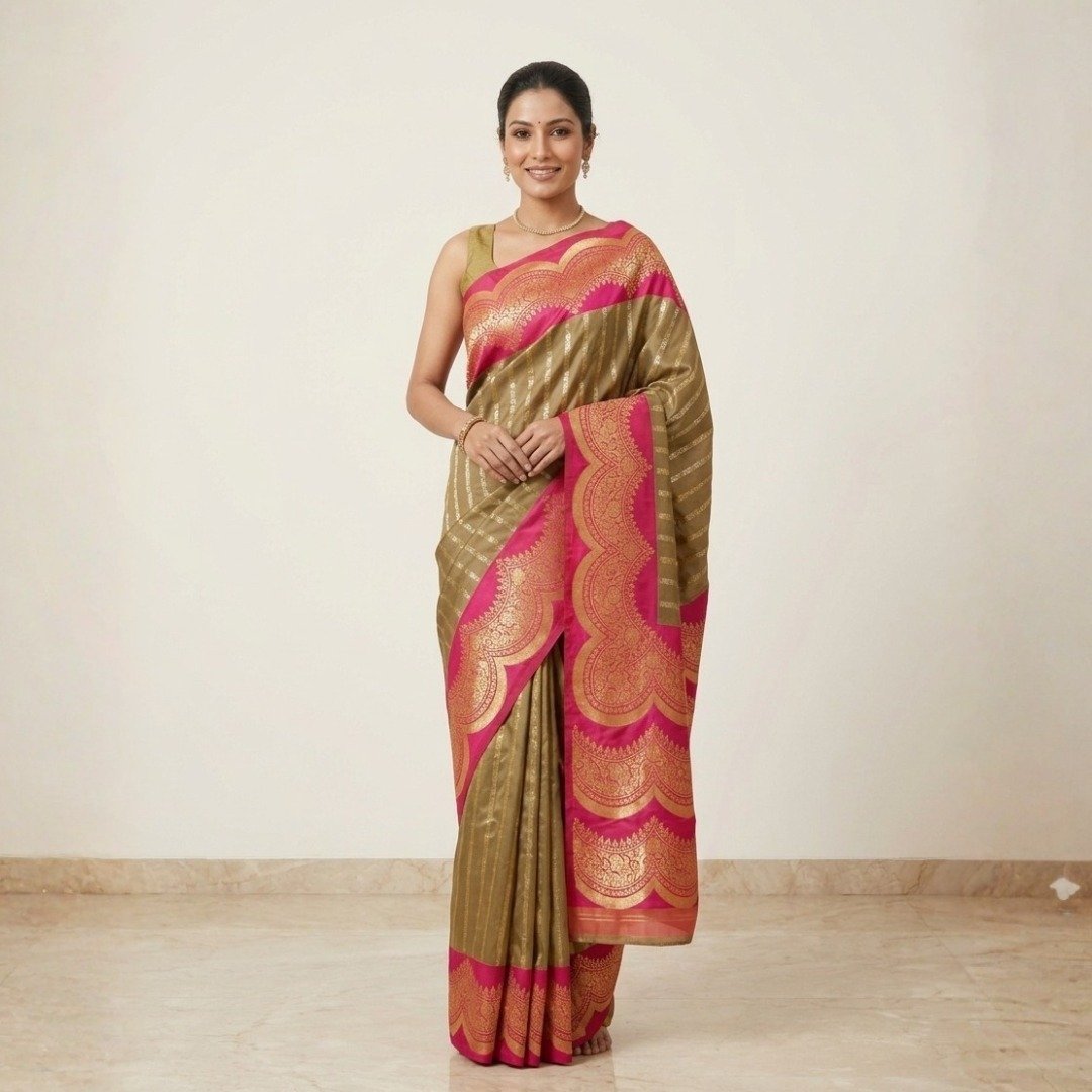 Katan Banarasi Saree – Dual Tone Caramel Brown with Rani Border