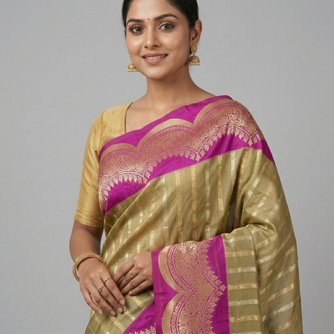 Katan Banarasi Saree – Dual Tone Caramel Brown with Rani Border - Image 4