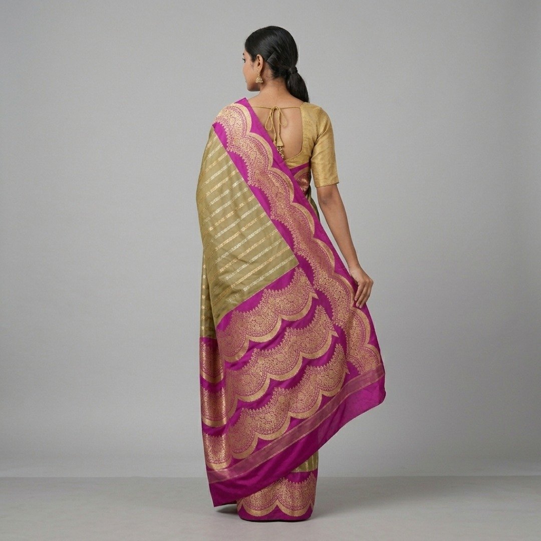 Katan Banarasi Saree – Dual Tone Caramel Brown with Rani Border - Image 5