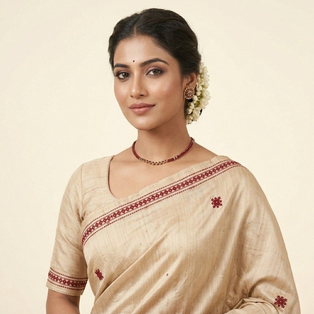 Tussar Silk Saree with Gujarati Work – Off White & Maroon - Image 2