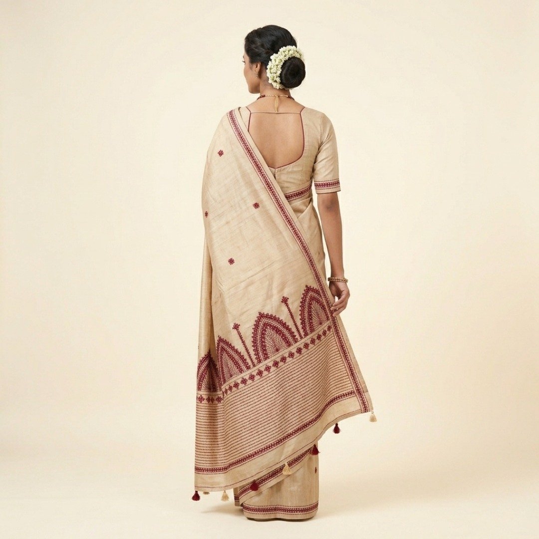Tussar Silk Saree with Gujarati Work – Off White & Maroon - Image 3
