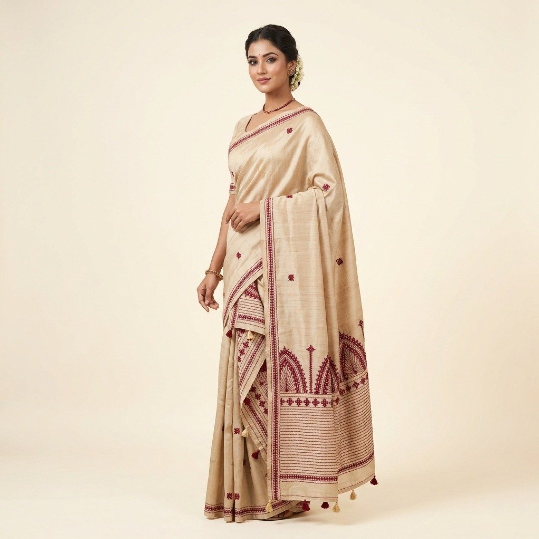 Tussar Silk Saree with Gujarati Work – Off White & Maroon